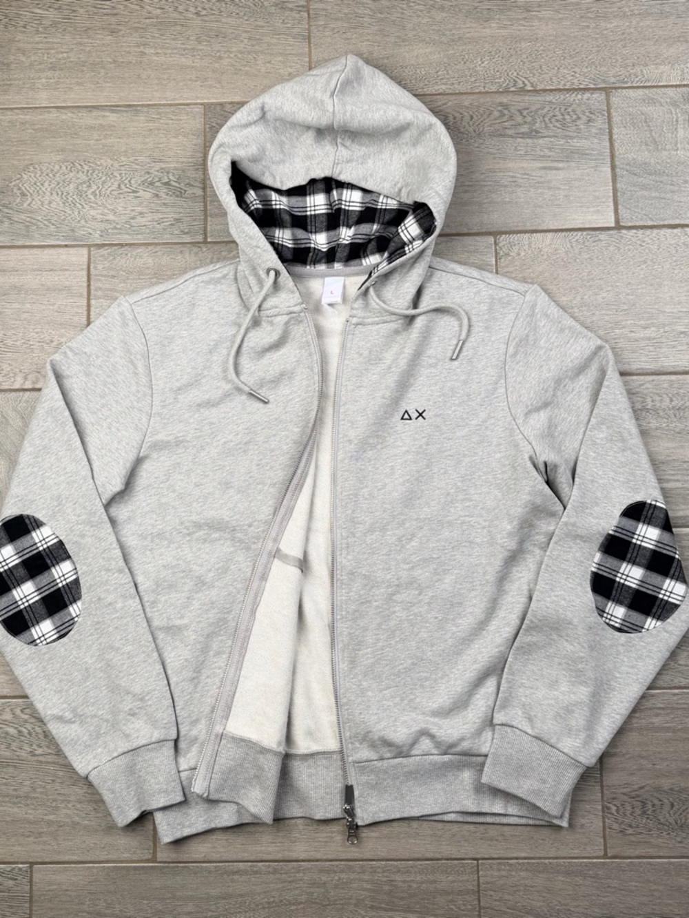 SUN68 Italy Men's Heather Gray Zip Hoodie Plaid Lining Elbow Patches L NWOT